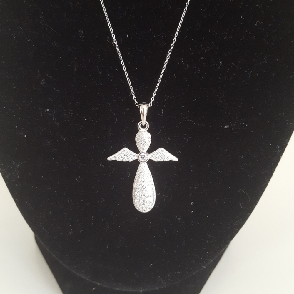 AAA diamond simulant angel cross rhodium pendant